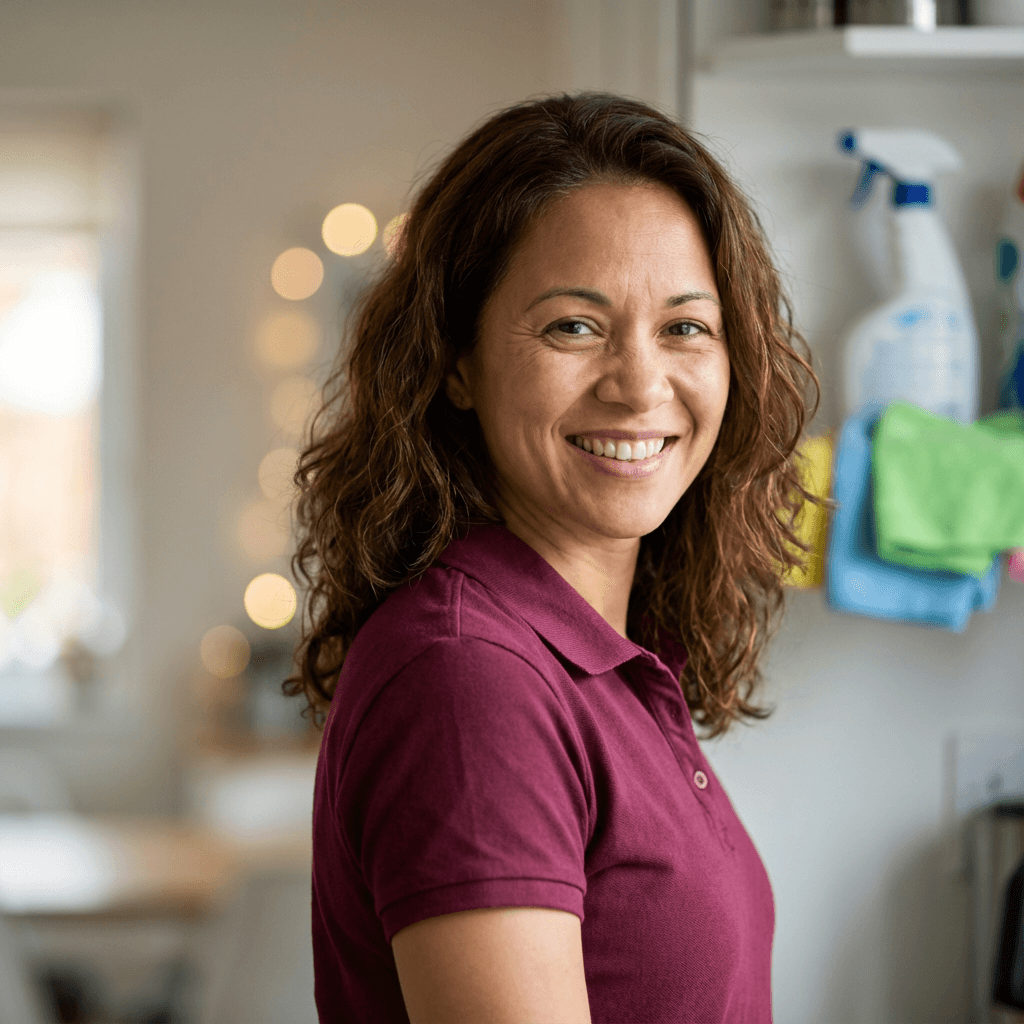 Megan R. in a Tidy Touch Cleaning Company uniform next to a kitchen counter