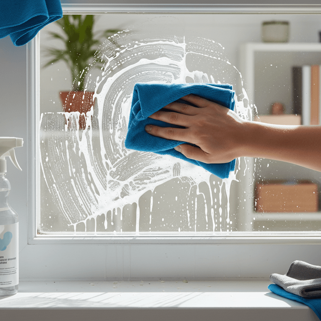 hand wiping fine dust off a window sill in a bright room after construction