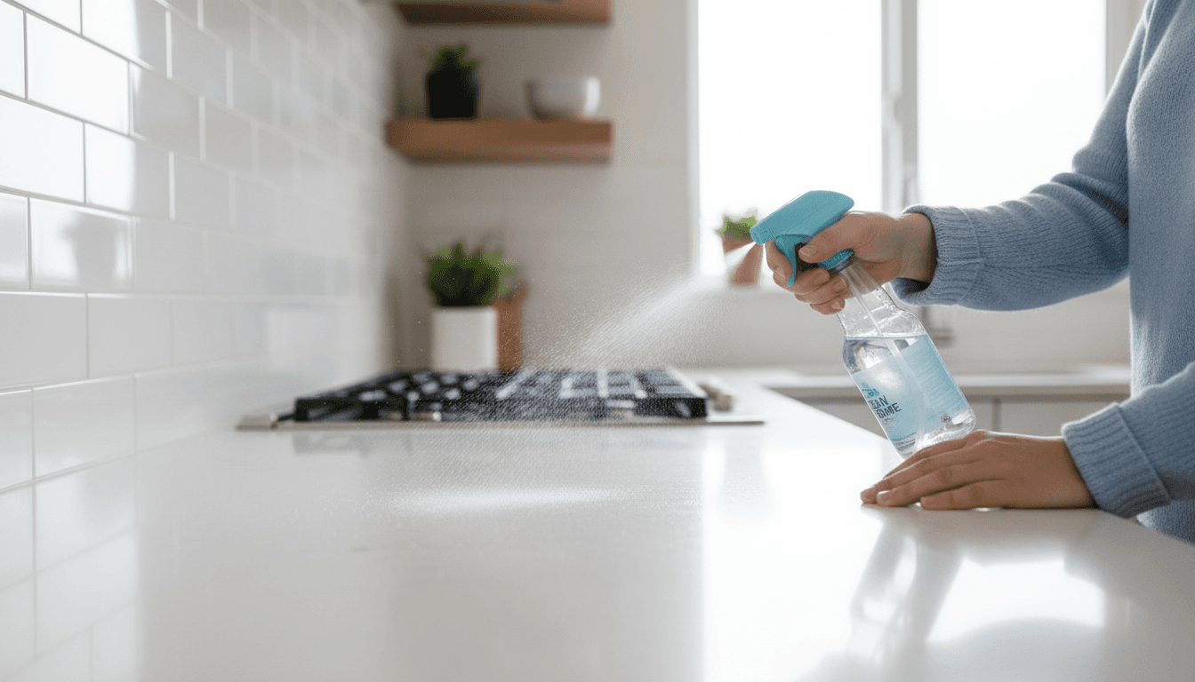 Professional cleaner wiping a kitchen counter in a bright, modern home