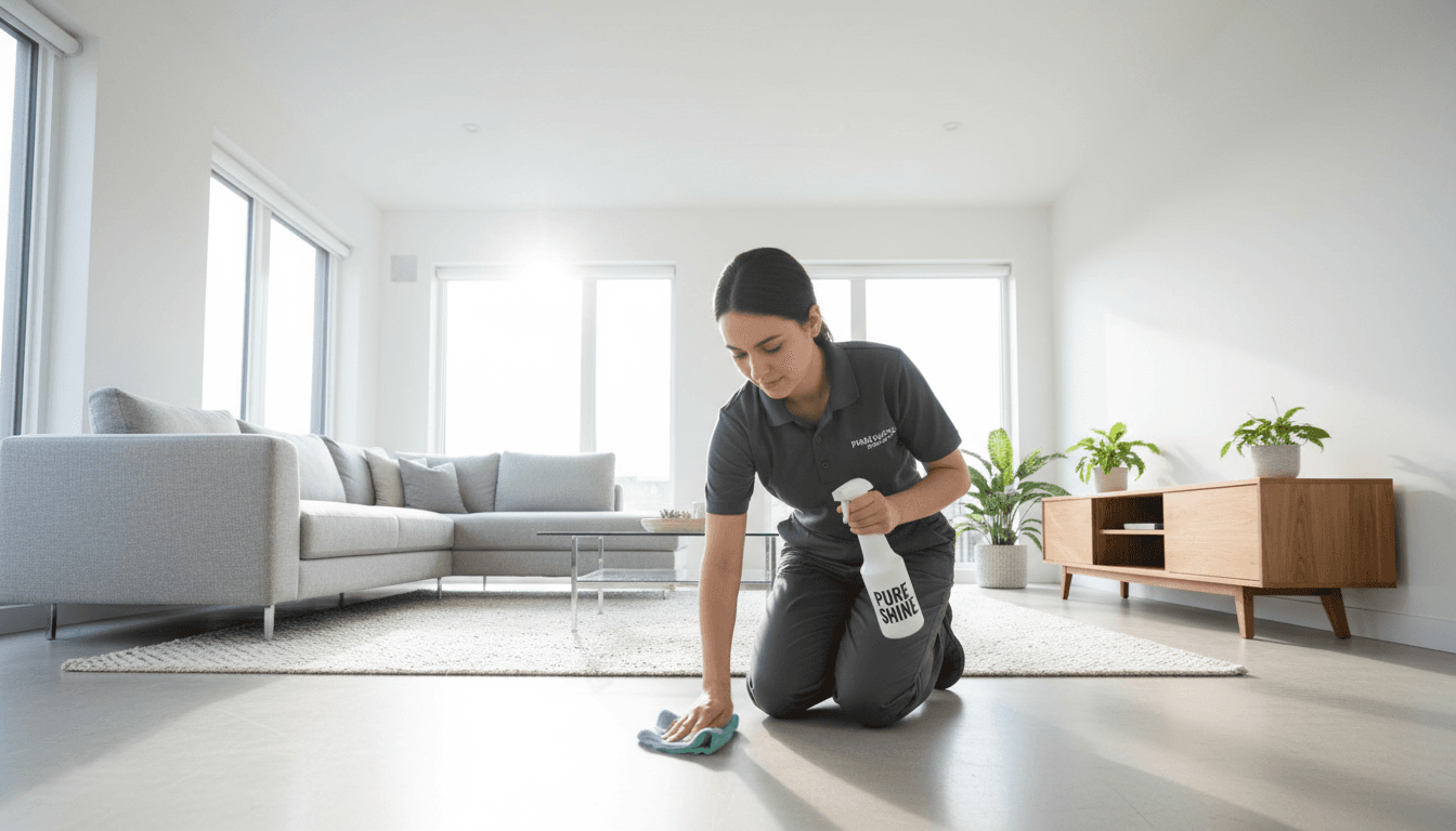 Female professional cleaner smiling in a bright modern living room with natural light