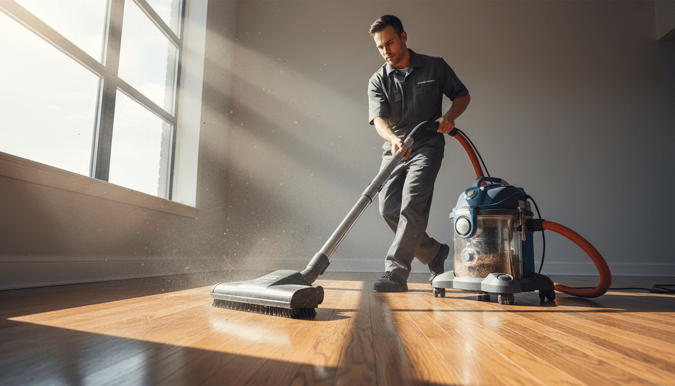 shiny hardwood floor after post-construction cleaning with mop in frame