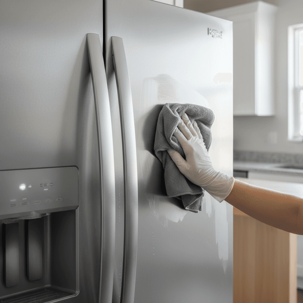 gloved hand cleaning the inside of a white kitchen cabinet