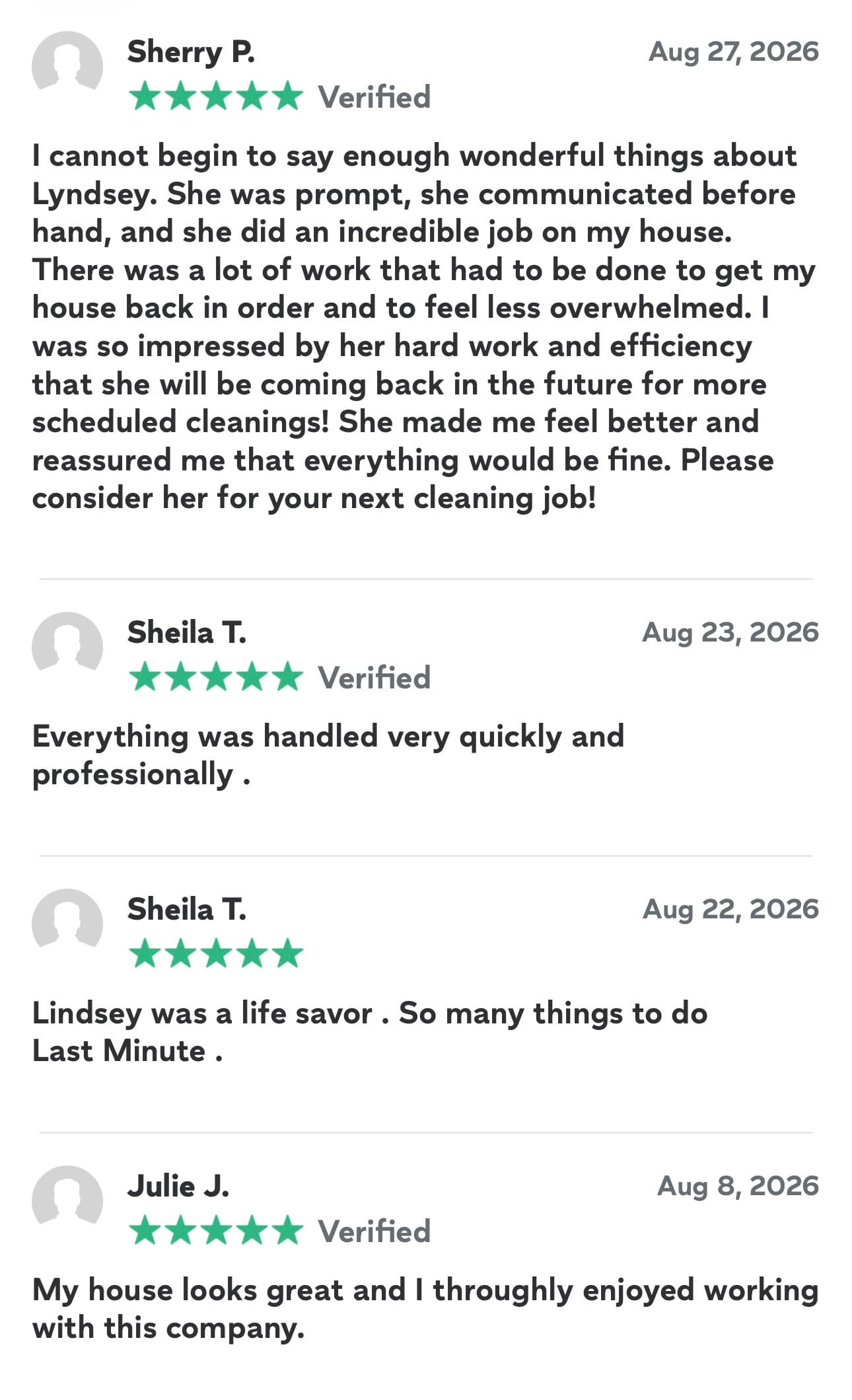 Four positive five-star customer reviews praising a cleaning service for its promptness and professionalism.