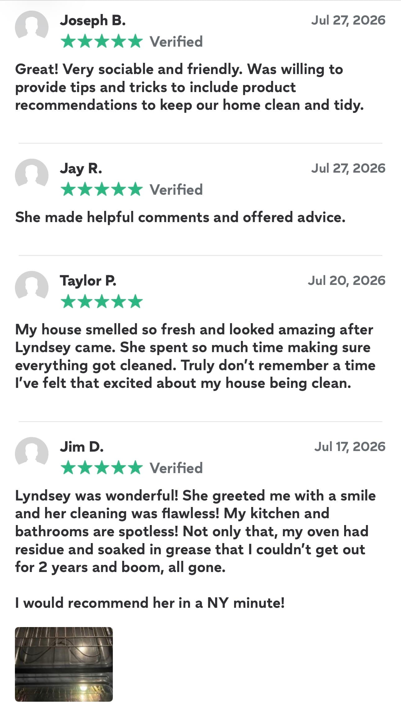 Four positive five-star reviews from customers highlighting excellent home cleaning results and friendly service.