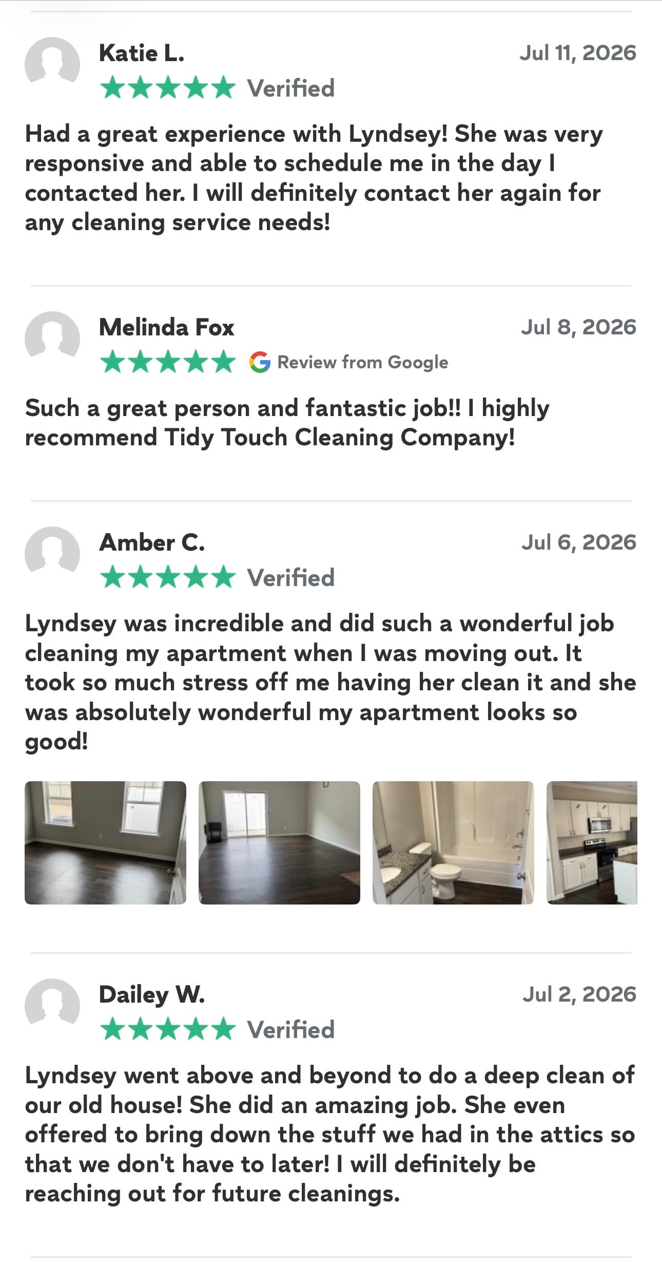 Positive five-star reviews for Tidy Touch Cleaning Company with photos of professionally cleaned rooms.