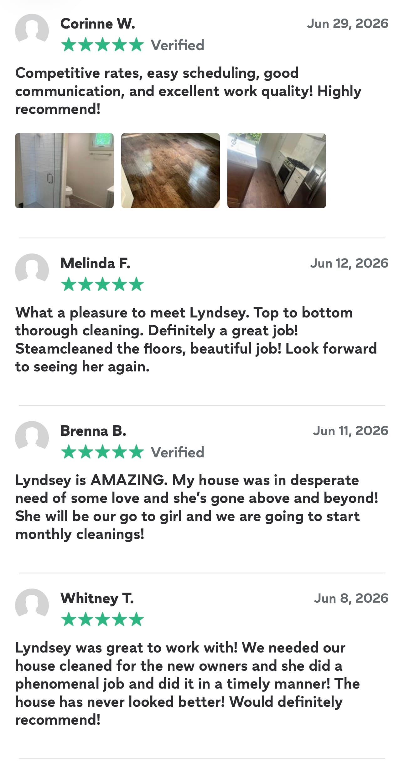 Four five-star customer reviews and photos praising Lyndsey for her professional house cleaning.